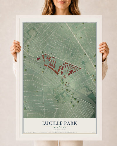 Map of Lucille Park, Maryland, 24 x 36 inch print in a white wood frame