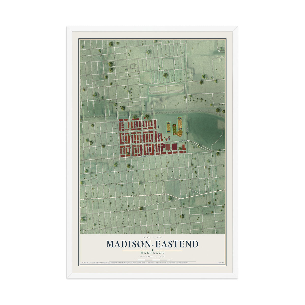 Map of Madison-Eastend, Maryland, 12 x 18 inch print in a white wood frame