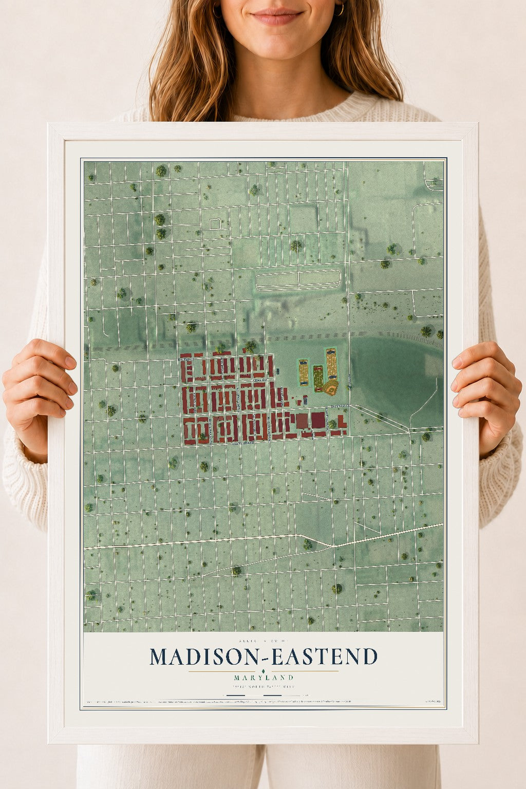 Map of Madison-Eastend, Maryland, 18 x 24 inch print in a white wood frame