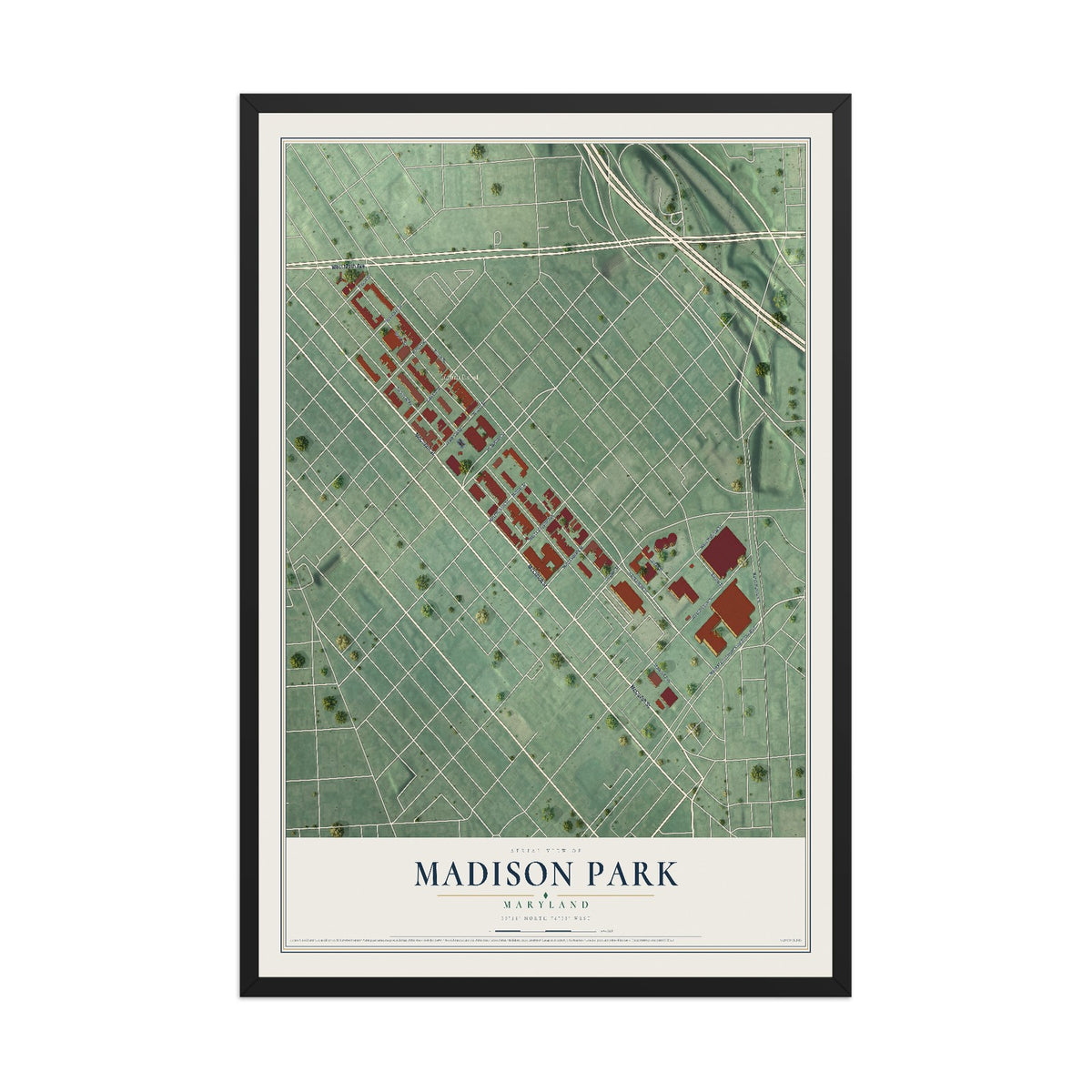 Map of Madison Park, Maryland, 12 x 18 inch print in a black wood frame