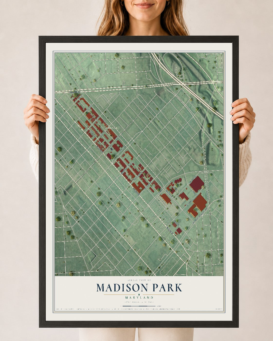 Map of Madison Park, Maryland, 24 x 36 inch print in a black wood frame