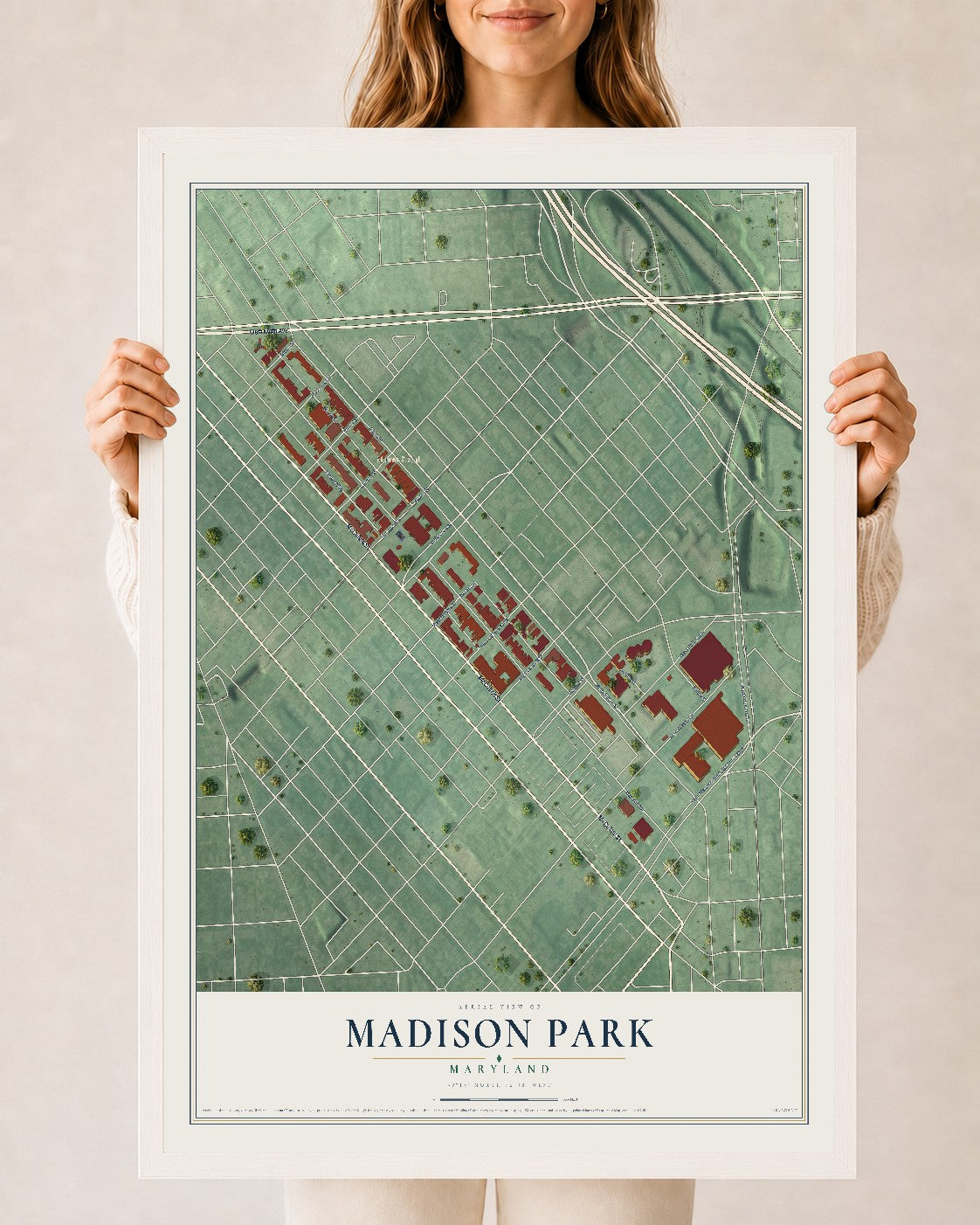 Map of Madison Park, Maryland, 24 x 36 inch print in a white wood frame