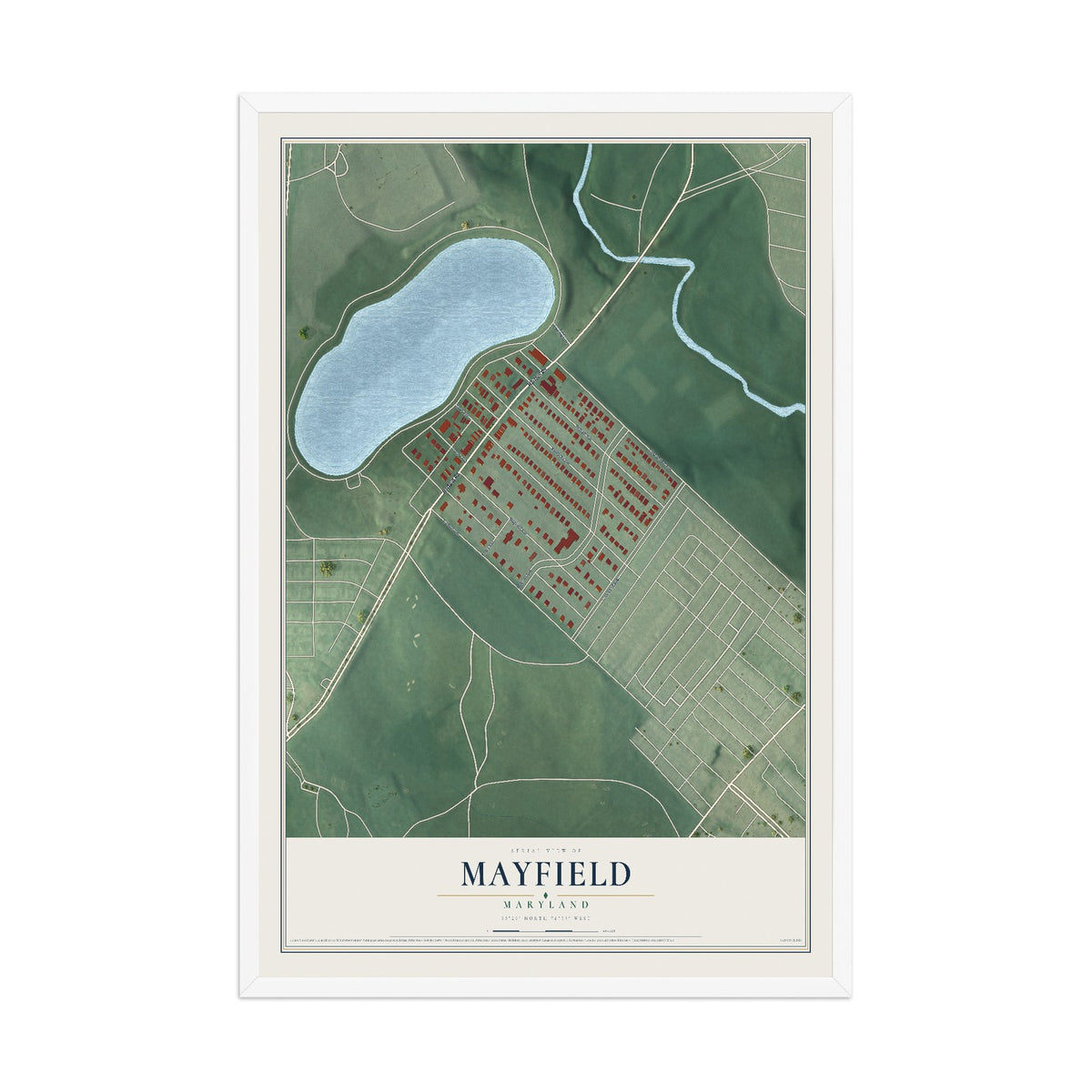Map of Mayfield, Maryland, 12 x 18 inch print in a white wood frame
