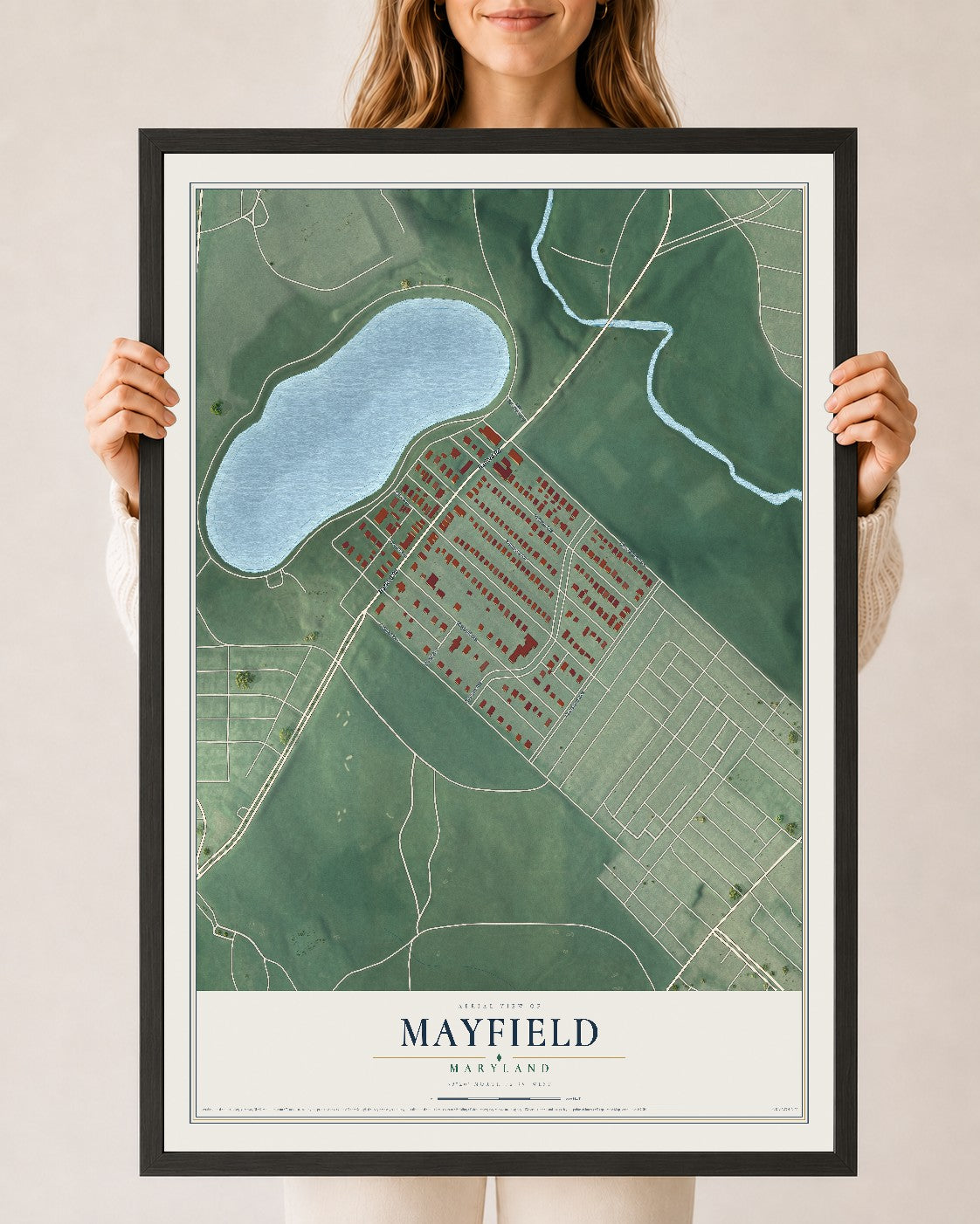 Map of Mayfield, Maryland, 24 x 36 inch print in a black wood frame