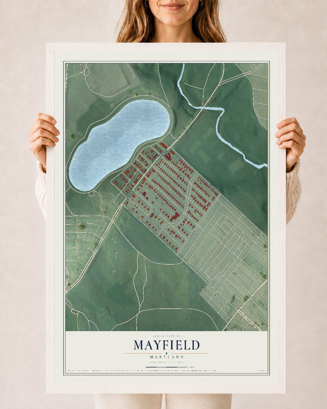 Map of Mayfield, Maryland, 24 x 36 inch print in a white wood frame