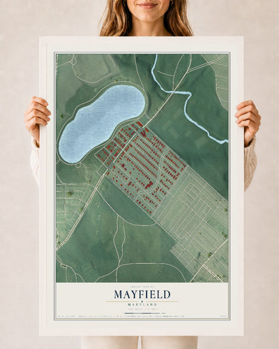 Map of Mayfield, Maryland, 24 x 36 inch print in a white wood frame