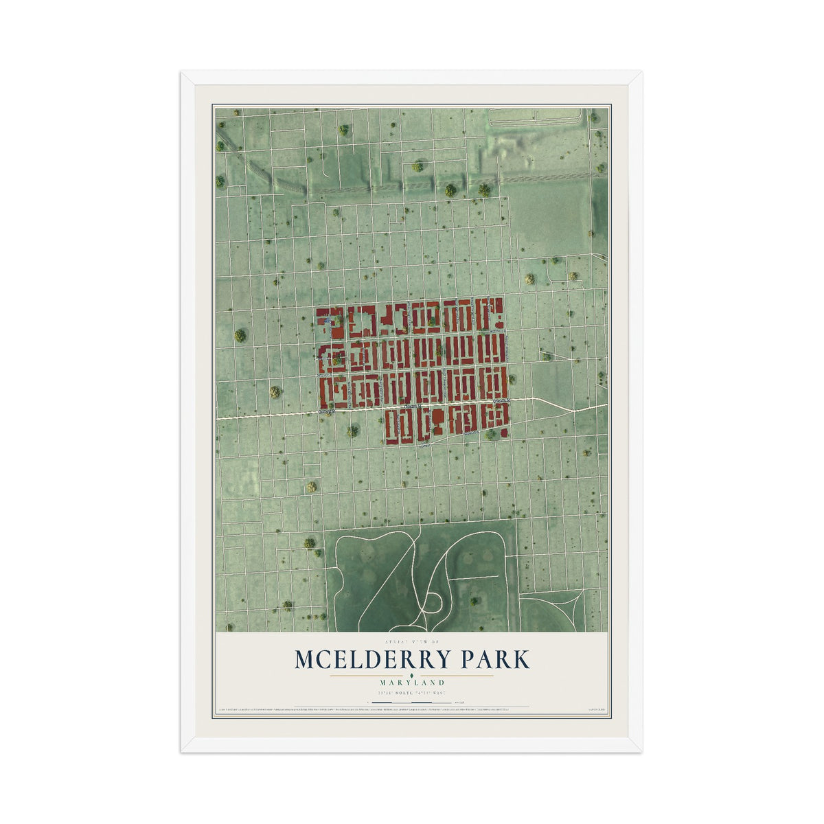 Map of McElderry Park, Maryland, 12 x 18 inch print in a white wood frame