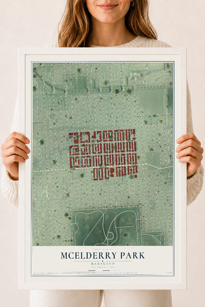 Map of McElderry Park, Maryland, 18 x 24 inch print in a white wood frame