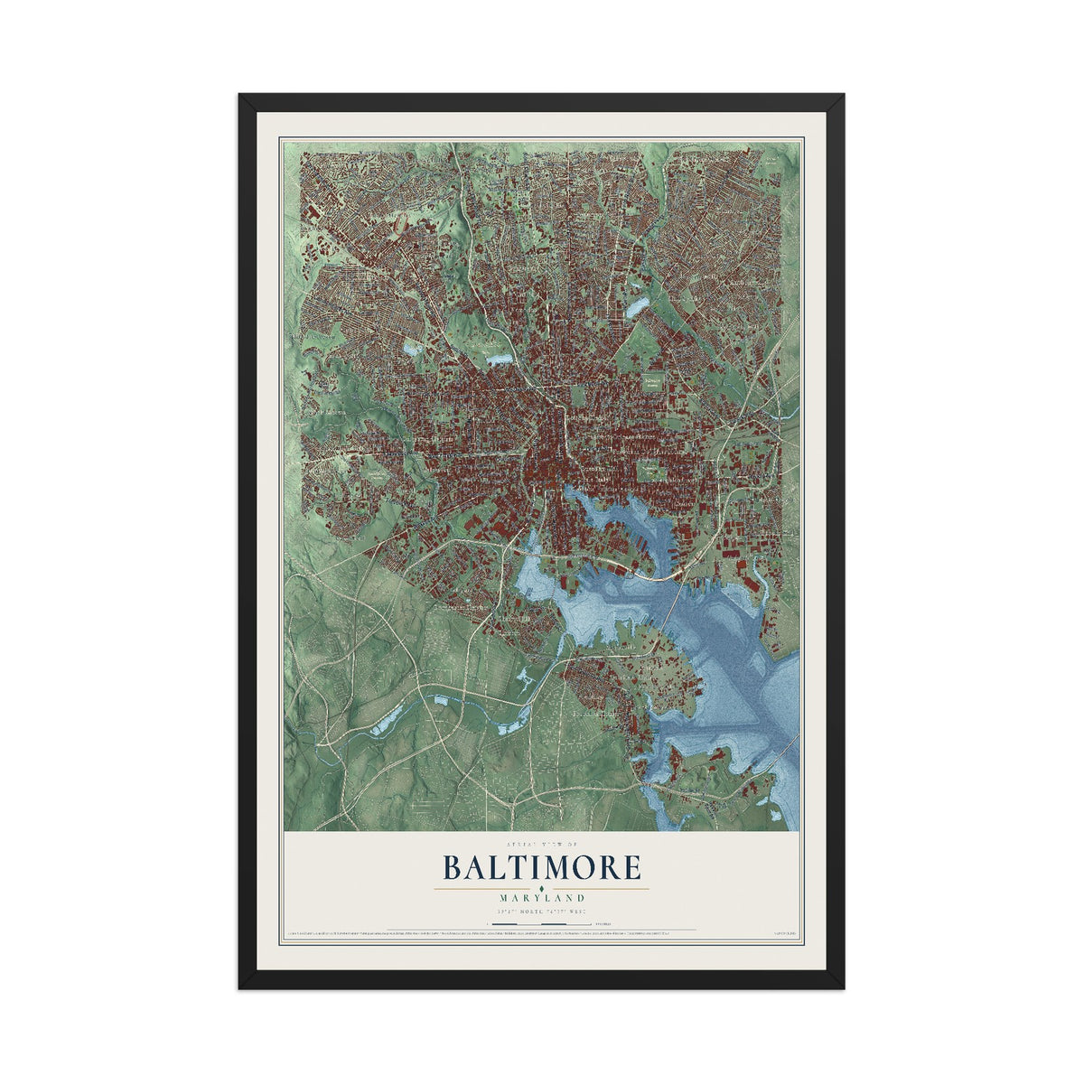 Map of Baltimore, Maryland, 12 x 18 inch print in a black wood frame