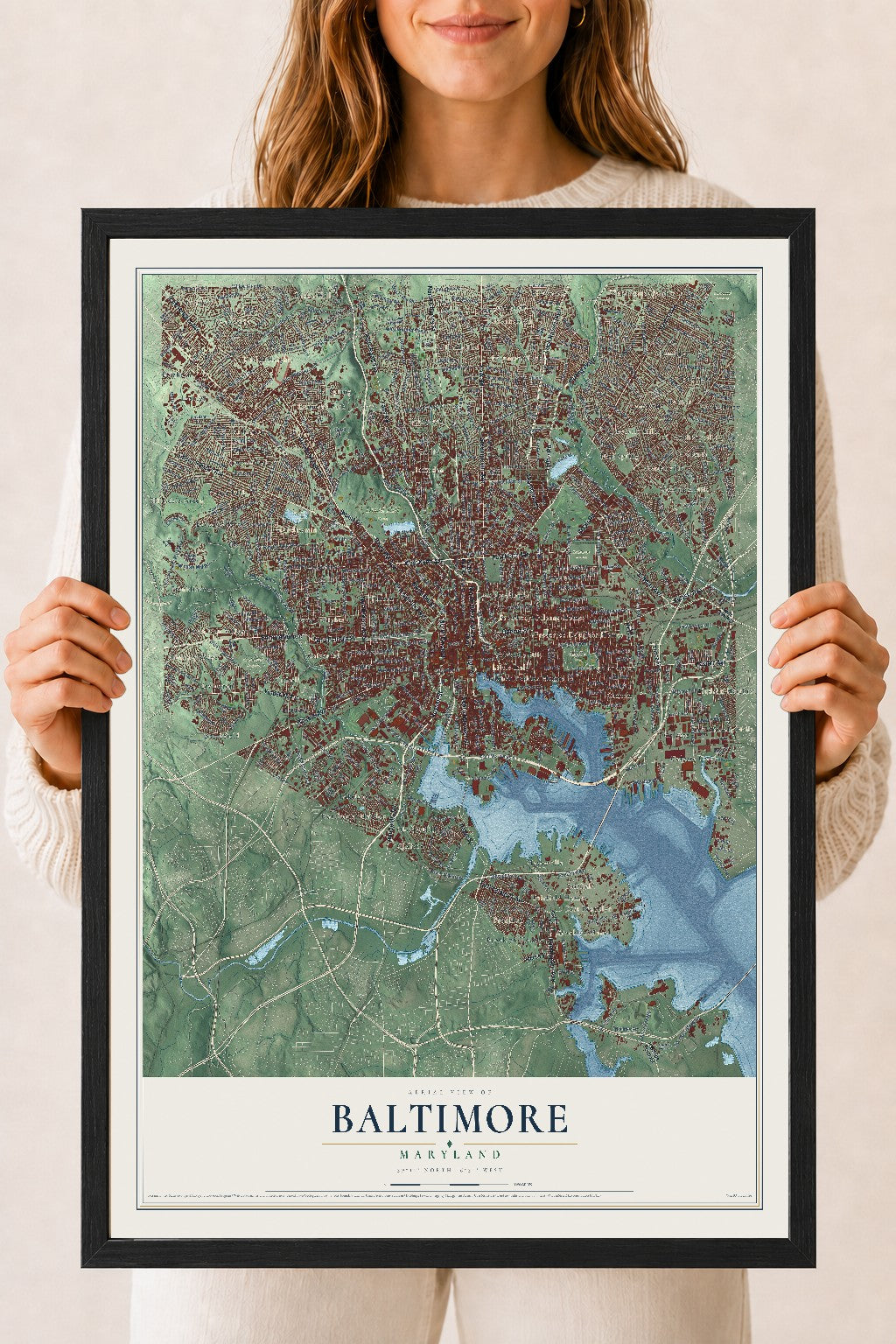 Map of Baltimore, Maryland, 18 x 24 inch print in a black wood frame