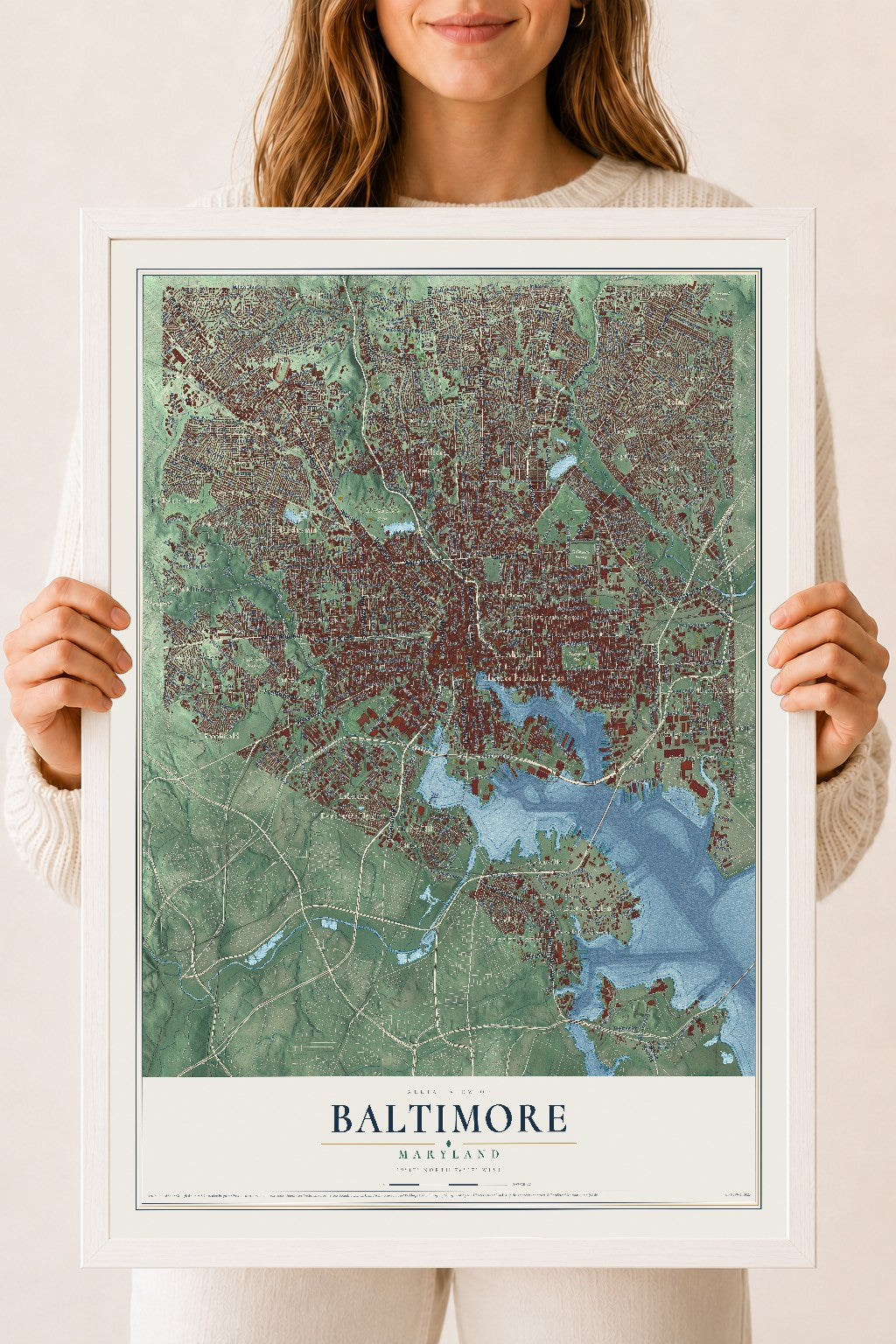 Map of Baltimore, Maryland, 18 x 24 inch print in a white wood frame