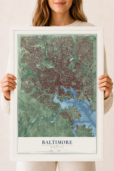 Map of Baltimore, Maryland, 18 x 24 inch print in a white wood frame