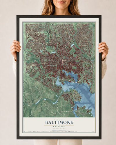 Map of Baltimore, Maryland, 24 x 36 inch print in a black wood frame