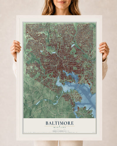 Map of Baltimore, Maryland, 24 x 36 inch print in a white wood frame