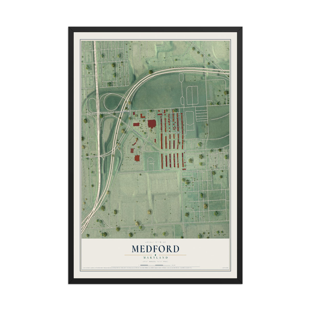 Map of Medford, Maryland, 12 x 18 inch print in a black wood frame