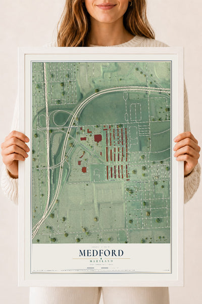 Map of Medford, Maryland, 18 x 24 inch print in a white wood frame