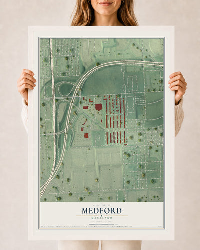 Map of Medford, Maryland, 24 x 36 inch print in a white wood frame