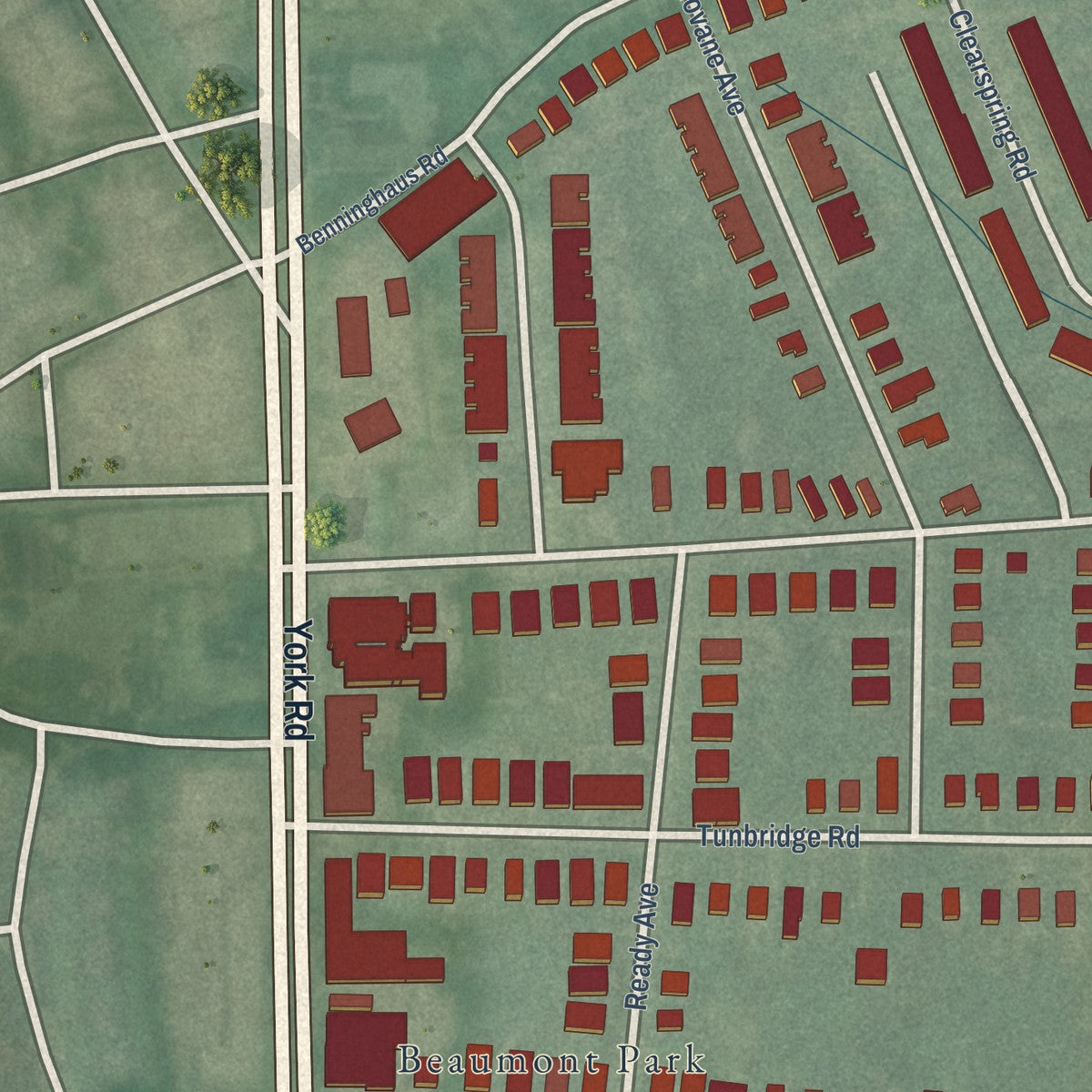 Close-up of the map of Mid-Govans, Maryland print showing street and building detail