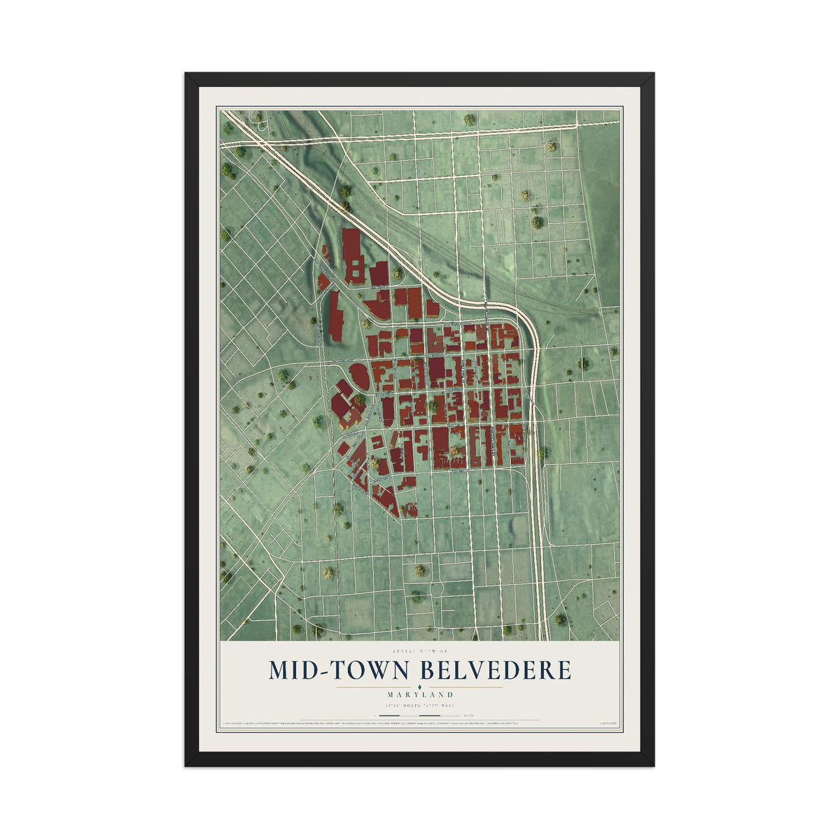 Map of Mid-Town Belvedere, Maryland, 12 x 18 inch print in a black wood frame