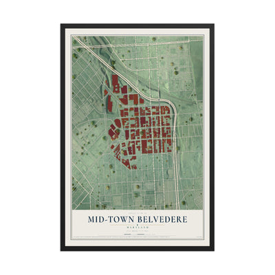 Map of Mid-Town Belvedere, Maryland, 12 x 18 inch print in a black wood frame