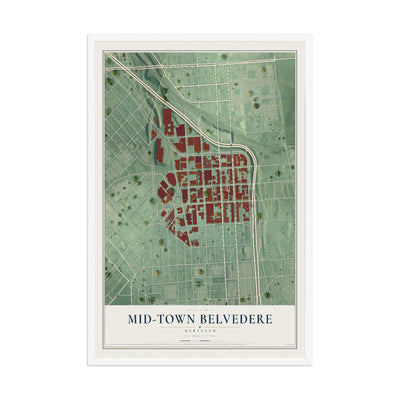 Map of Mid-Town Belvedere, Maryland, 12 x 18 inch print in a white wood frame