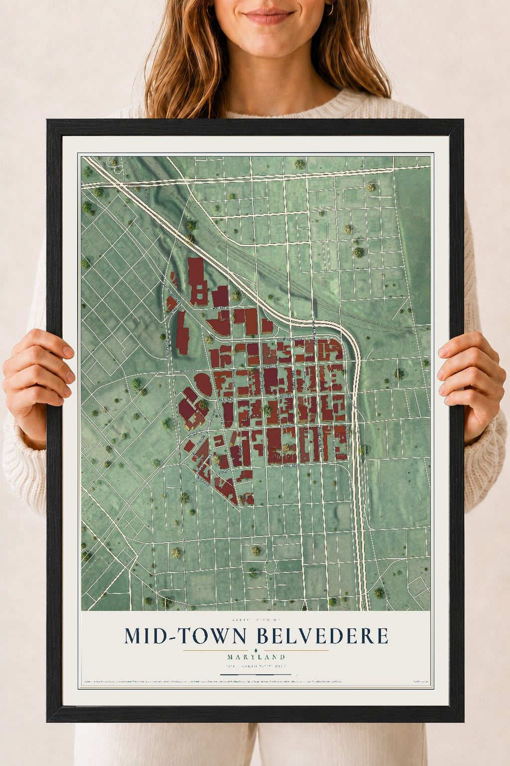 Map of Mid-Town Belvedere, Maryland, 18 x 24 inch print in a black wood frame