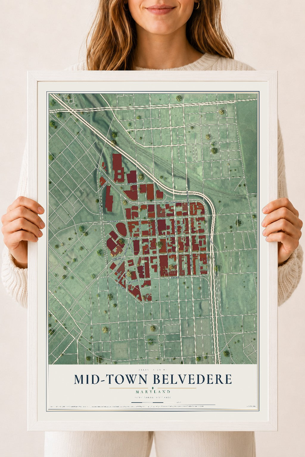 Map of Mid-Town Belvedere, Maryland, 18 x 24 inch print in a white wood frame