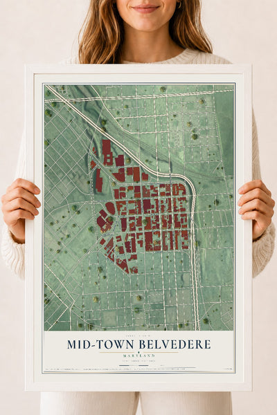 Map of Mid-Town Belvedere, Maryland, 18 x 24 inch print in a white wood frame