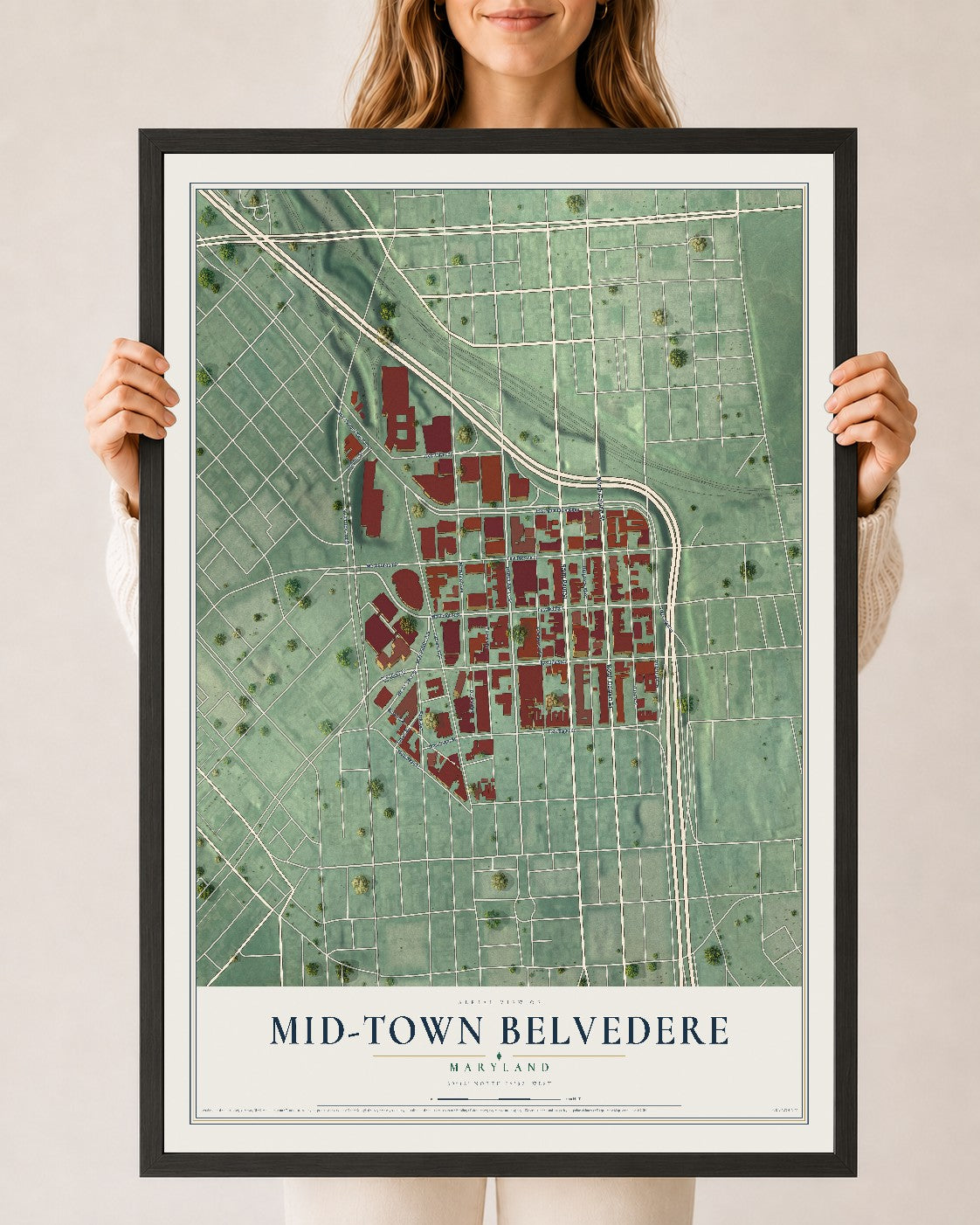 Map of Mid-Town Belvedere, Maryland, 24 x 36 inch print in a black wood frame