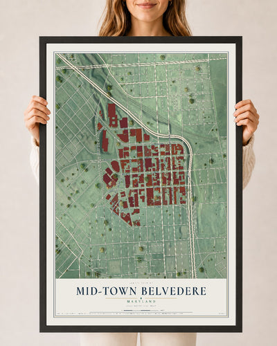 Map of Mid-Town Belvedere, Maryland, 24 x 36 inch print in a black wood frame