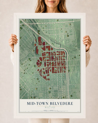 Map of Mid-Town Belvedere, Maryland, 24 x 36 inch print in a white wood frame