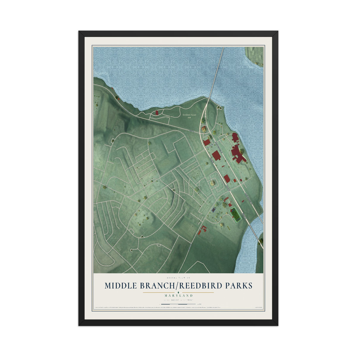 Map of Middle Branch-Reedbird Parks, Maryland, 12 x 18 inch print in a black wood frame
