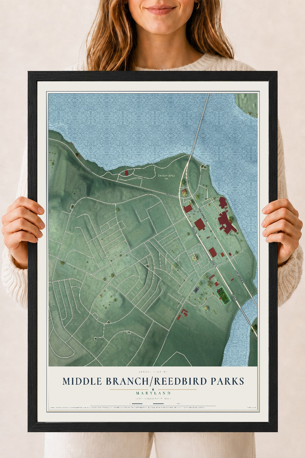 Map of Middle Branch-Reedbird Parks, Maryland, 18 x 24 inch print in a black wood frame
