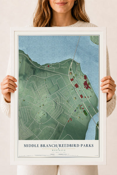 Map of Middle Branch-Reedbird Parks, Maryland, 18 x 24 inch print in a white wood frame