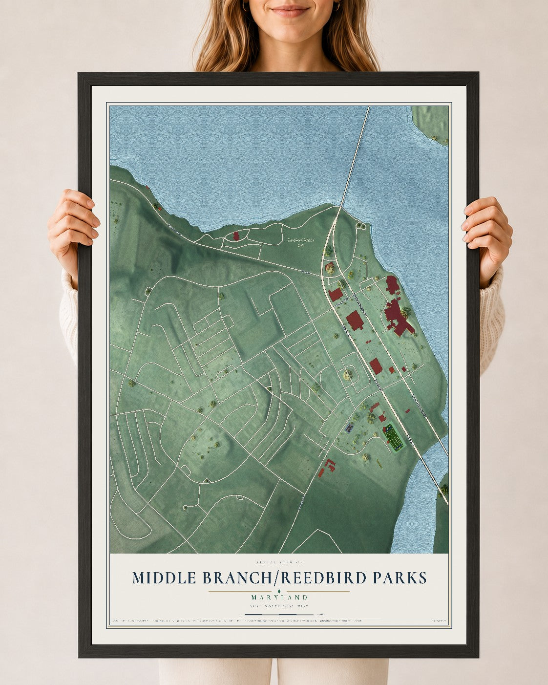 Map of Middle Branch-Reedbird Parks, Maryland, 24 x 36 inch print in a black wood frame