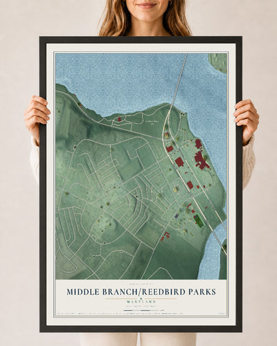 Map of Middle Branch-Reedbird Parks, Maryland, 24 x 36 inch print in a black wood frame