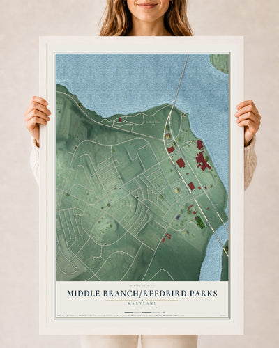 Map of Middle Branch-Reedbird Parks, Maryland, 24 x 36 inch print in a white wood frame