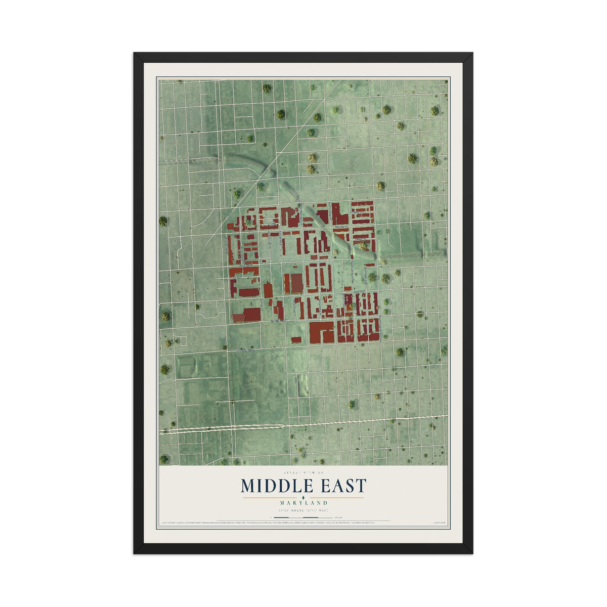Map of Middle East, Maryland, 12 x 18 inch print in a black wood frame