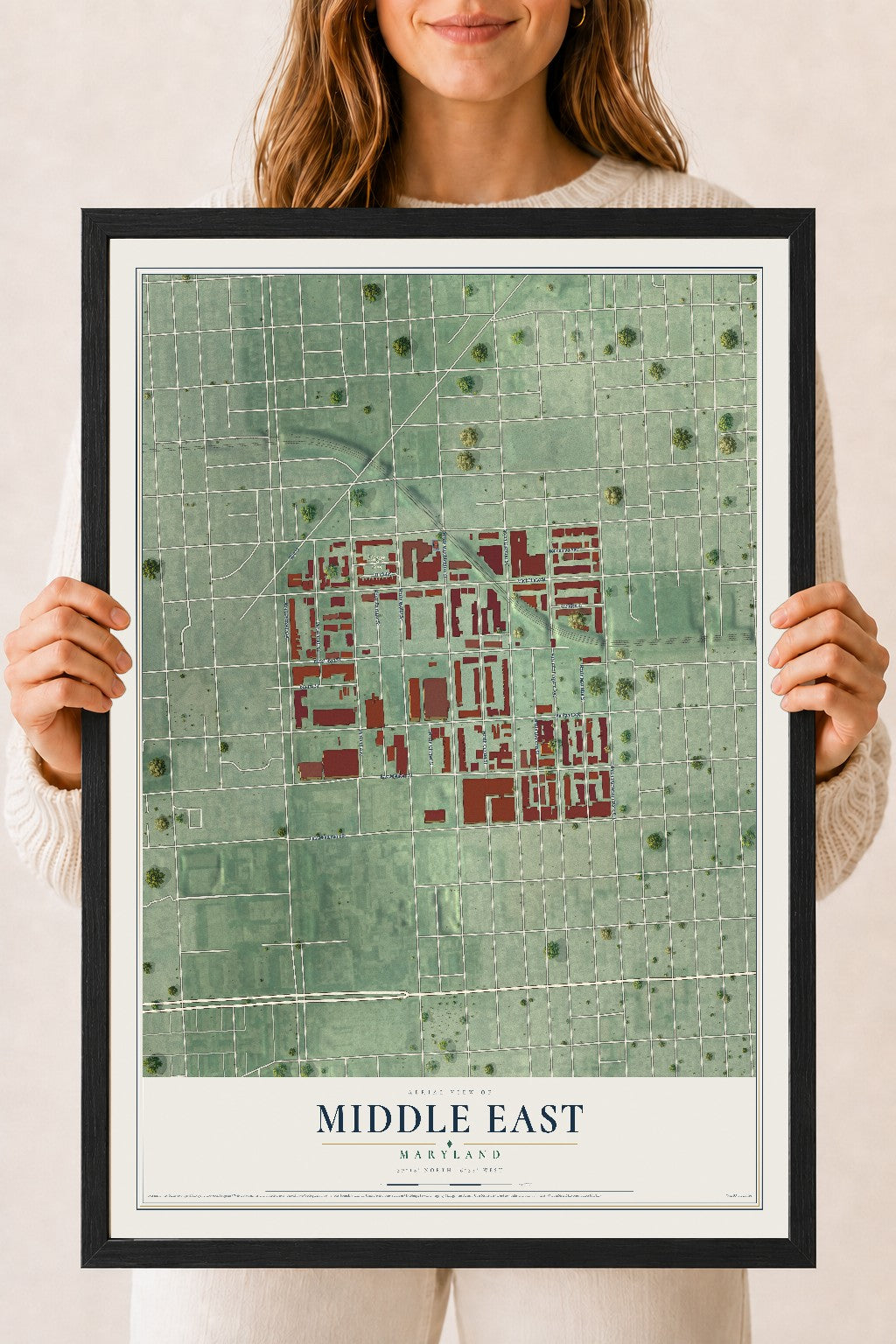 Map of Middle East, Maryland, 18 x 24 inch print in a black wood frame