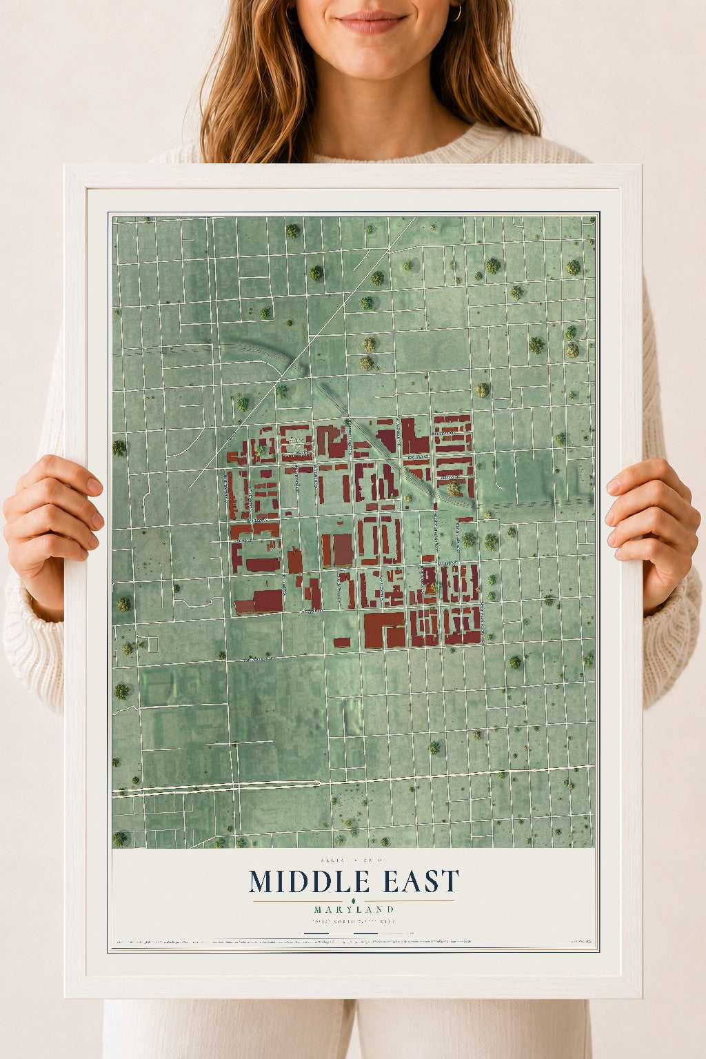 Map of Middle East, Maryland, 18 x 24 inch print in a white wood frame