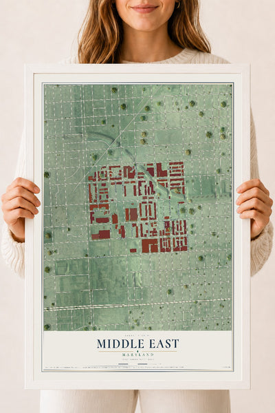 Map of Middle East, Maryland, 18 x 24 inch print in a white wood frame