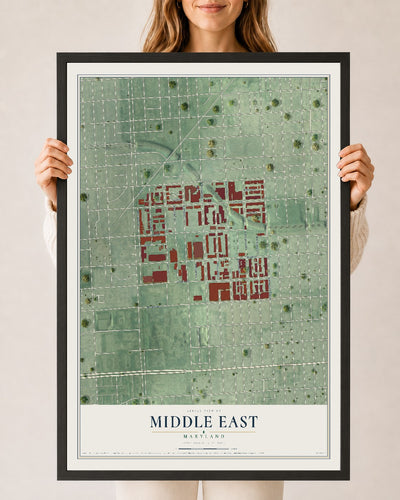 Map of Middle East, Maryland, 24 x 36 inch print in a black wood frame