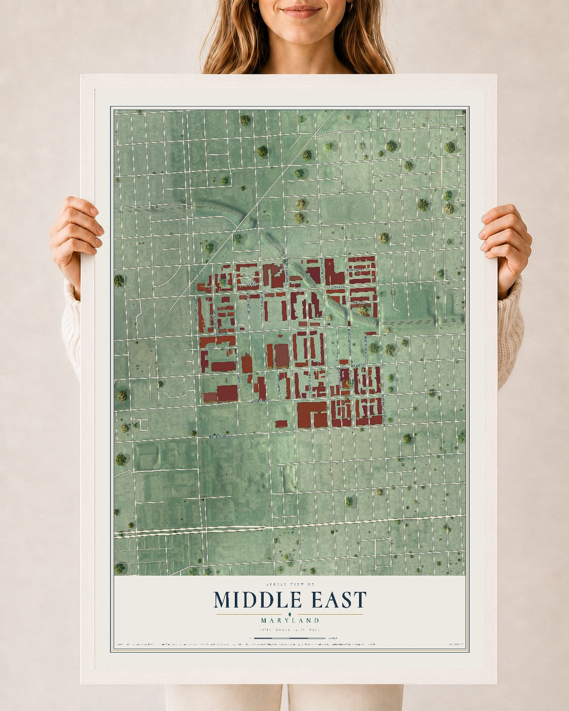 Map of Middle East, Maryland, 24 x 36 inch print in a white wood frame