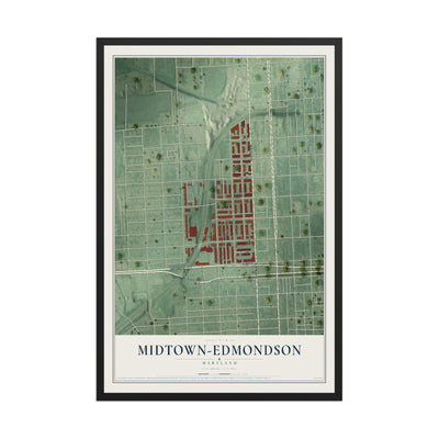 Map of Midtown-Edmondson, Maryland, 12 x 18 inch print in a black wood frame
