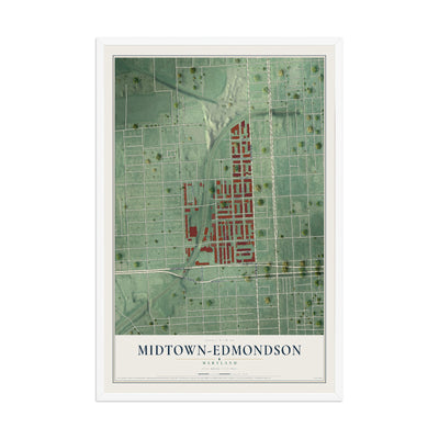 Map of Midtown-Edmondson, Maryland, 12 x 18 inch print in a white wood frame
