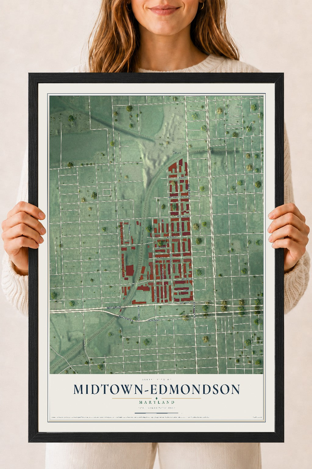 Map of Midtown-Edmondson, Maryland, 18 x 24 inch print in a black wood frame