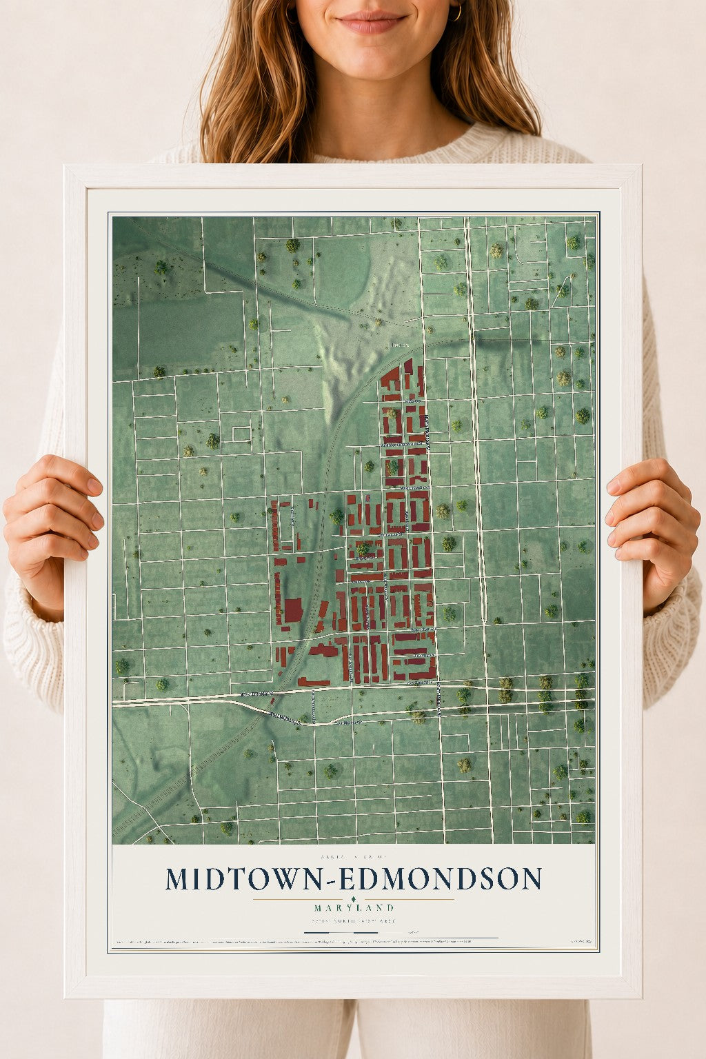 Map of Midtown-Edmondson, Maryland, 18 x 24 inch print in a white wood frame