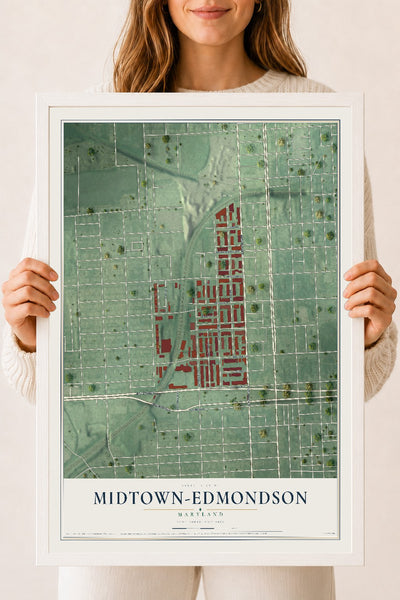 Map of Midtown-Edmondson, Maryland, 18 x 24 inch print in a white wood frame