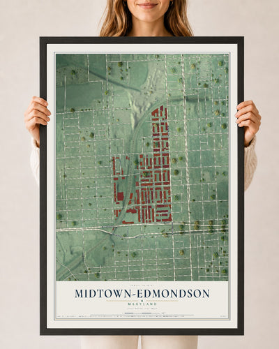 Map of Midtown-Edmondson, Maryland, 24 x 36 inch print in a black wood frame