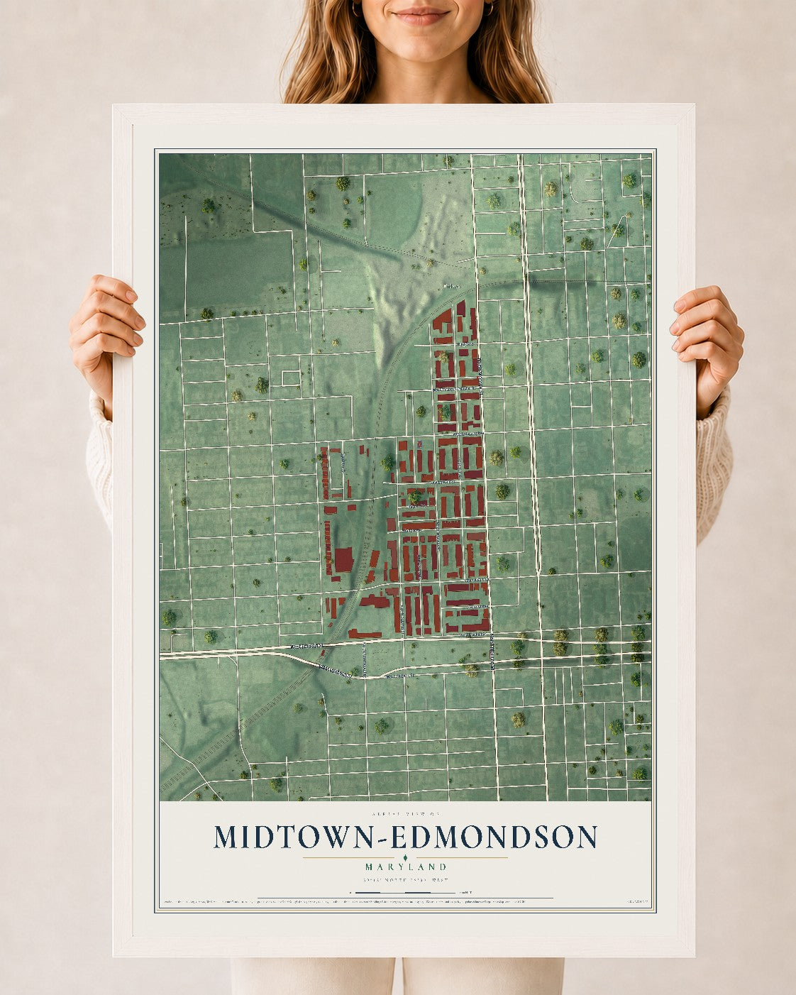 Map of Midtown-Edmondson, Maryland, 24 x 36 inch print in a white wood frame